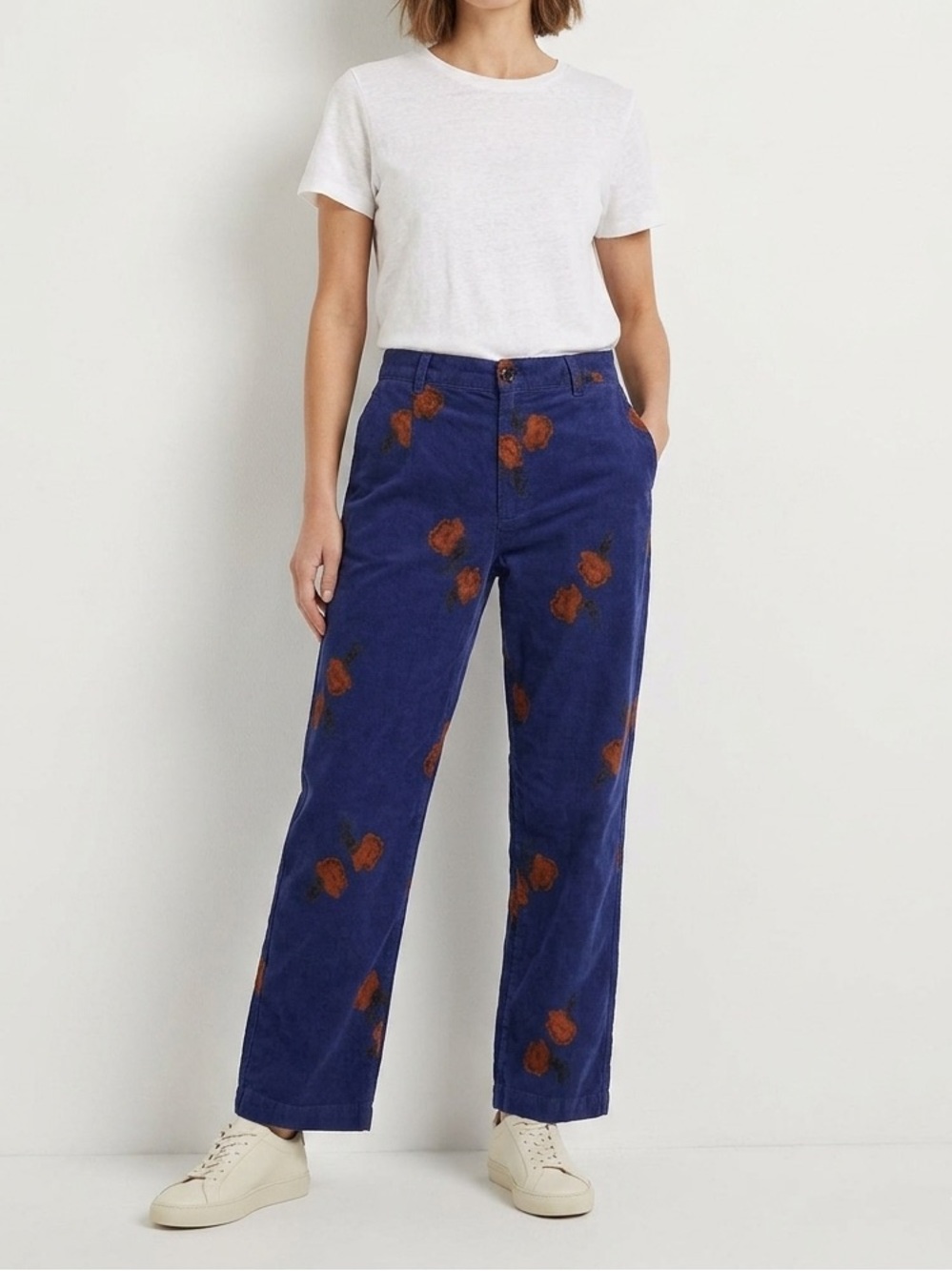✨NWT HOUSTON WHITE Floral Print Corduroy Pants Navy Blue Bold Pattern Trousers❤️